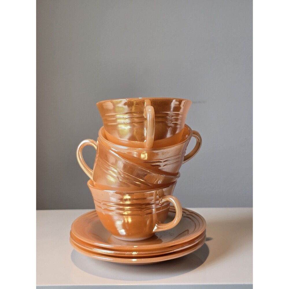 Vintage Fire King Peach Lustre Swirl Cups & Saucers Set 4 Cups 3 Saucers Anchor